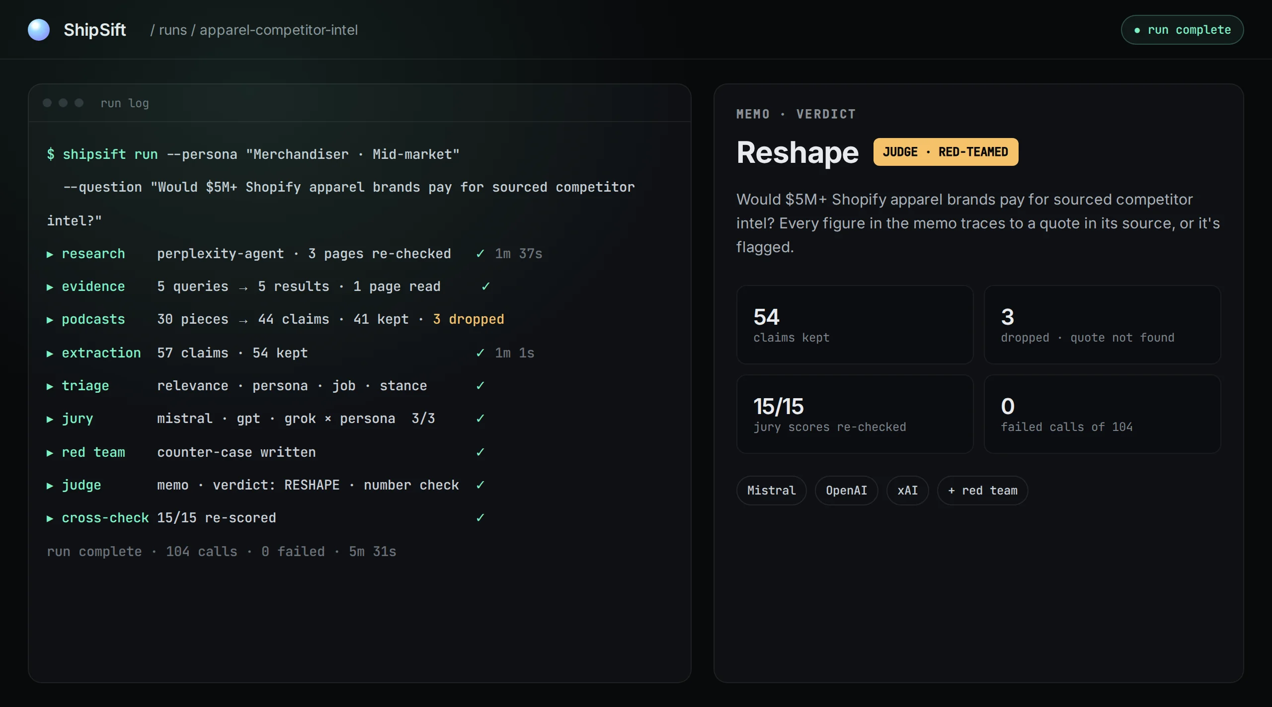 ShipSift run page: a seven-pass research log beside a sourced verdict memo.